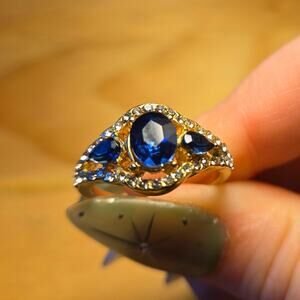 Size 8 Blue Sapphire Halo Cocktail Ring – Princess Diana Style Gold Tone